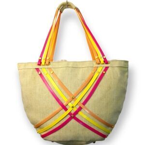 COLORFUL LRG CROCS RAW BEIGE CANVAS RESIN TRIM BEACH TOTE SHOULDER BAG HANDBAG